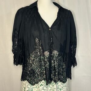 Anthropologie Black Sheer Lace Blouse Boho Romantic XXS